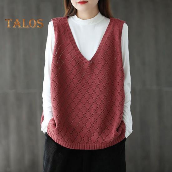 Spring Fall Women Vest Knitted Sweater Retro V Neck Loose Sleeveless Solid Color Pullover Hollow Out Rhombus Texture Daily Wear Top