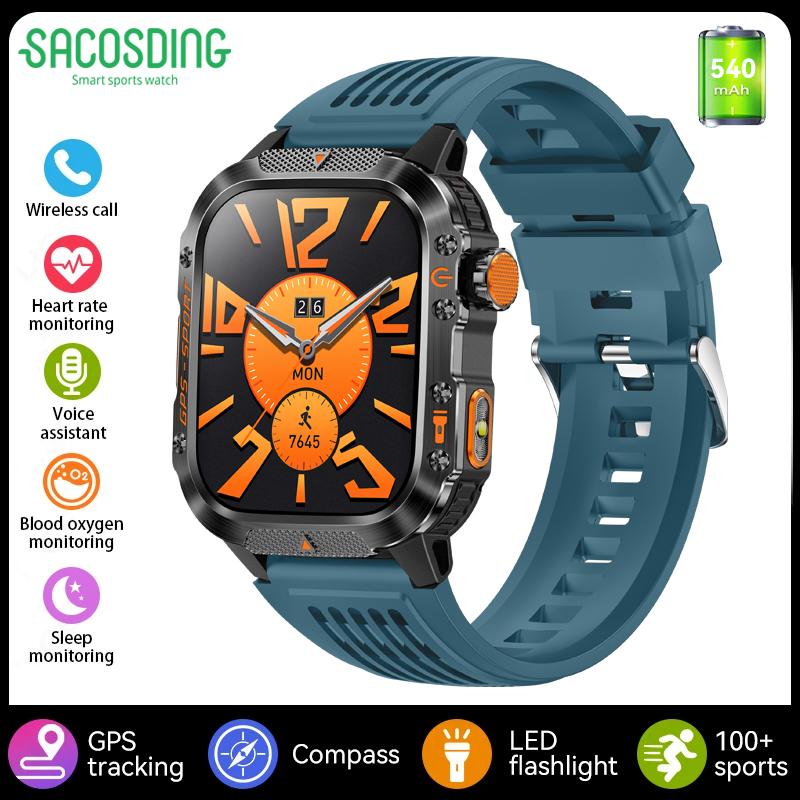 SACOSDING GPS Outdoor Sports Compass BlueTooth Call Smart Watch Waterproof Flashlight Heart Rate Health Smartwatch Information Reminder