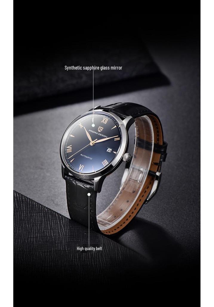 Pagani Design Men's Stainless Steel Automatic Mechanical Watch with Leather Strap, Model 1759, Waterproof.