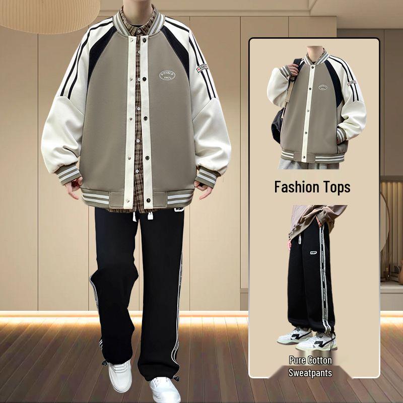 Men's Spring/Fall American Baseball Jacket: Trendy Hong Kong Style for Teens with Round Neck and Stylish Print