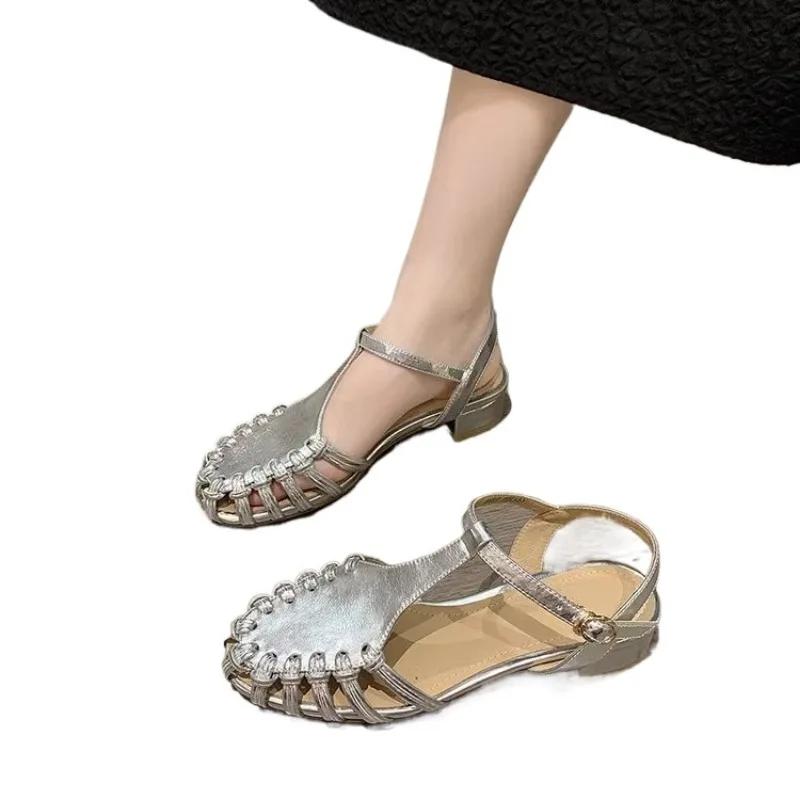 2025 Hot Sale Summer Women's Closed Toe Rome Sandals Outdoor Dress Buckle Strap Shoes Hollow Weave Low Heel Daily Modern Sandals