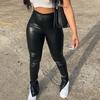Straight Skinny Long High Waist Women Pants Split Hem Faux Leather Pants