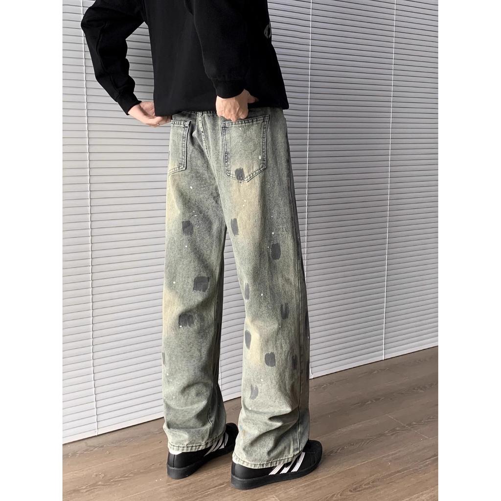 Heavy graffiti loose wide-leg jeans men's American old retro washed nostalgic micro-straight trousers