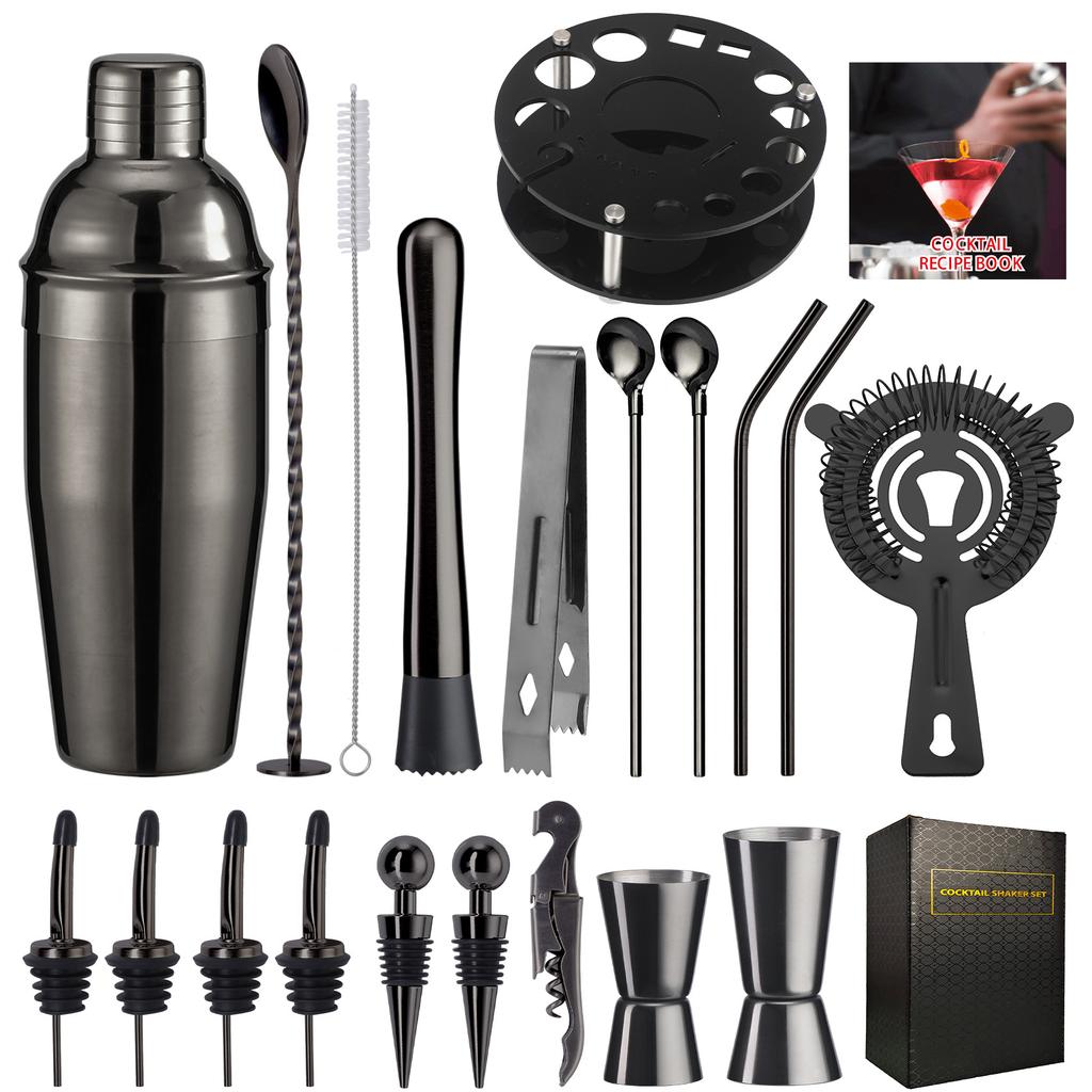 Rotating Round Black Acrylic Snow Cup Set Anti-Drop Cocktail Shaker Bar Tools 20-Piece Set