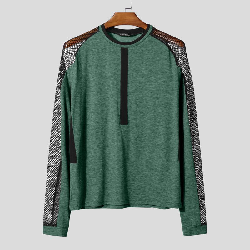 

INCERUN Мужские футболки с круглым вырезом и длинным рукавом в сетку, в стиле пэчворк, прозрачные футболки, майки 4XL зелёный