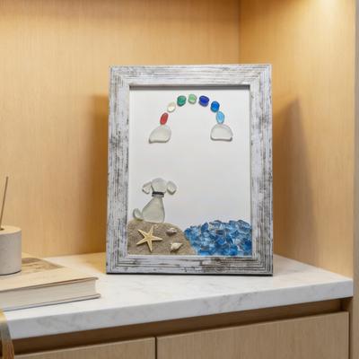 Decorazione Cane Spiaggia Vetro Marino Cane di Vetro Marino Fatto a Mano Arte Murale con Vetro Marino Opera d'Arte con Cornice Ornamento da Parete per Scrivania Regalo per Amante dei Cani