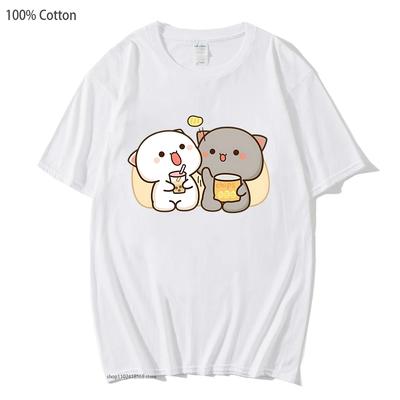 Mochi Pfirsich Katze T-Shirts Kawaii Kleidung Bubble Tea Grafik T-Shirts 100% Baumwolle Lässige Damen-T-Shirts Tops Damen