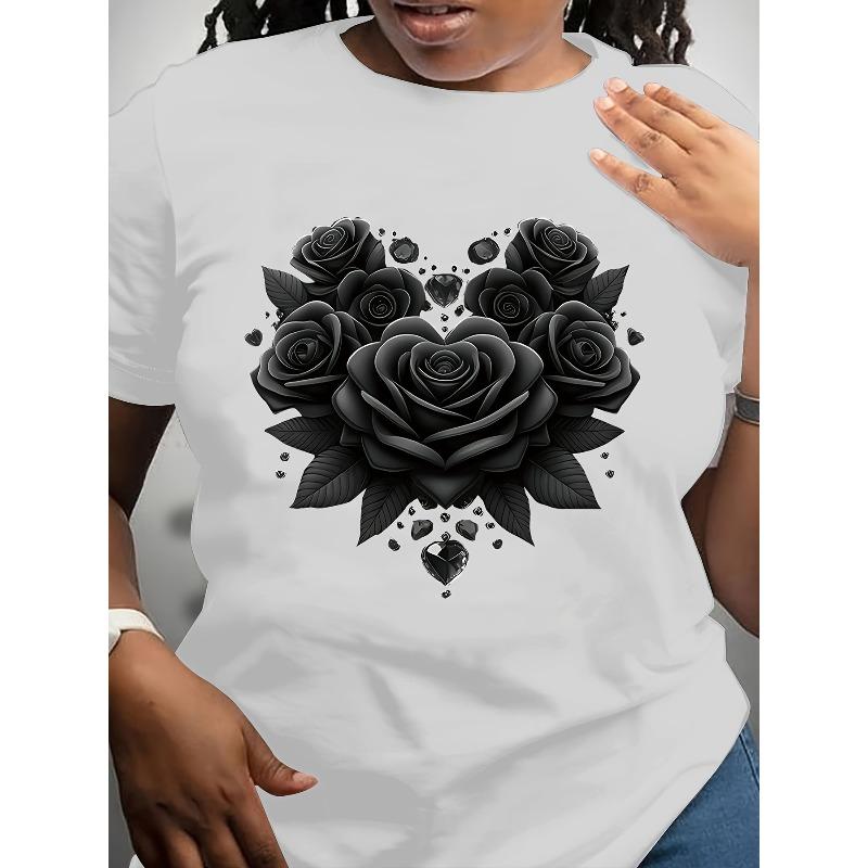 

Европейские размеры Футболка с принтом серии «Сердце Роза Цветок», Повседневный топ с коротким рукавом и круглым вырезом, Летний Весенний, Женская одежда S белый