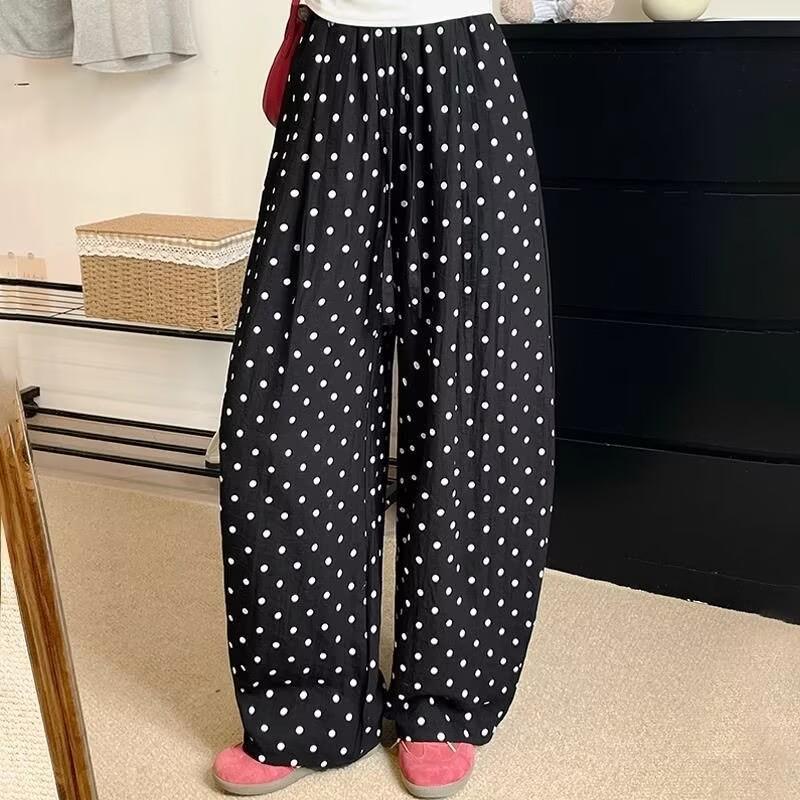 Women’s Dot Pants Loose Casual Summer Spring Trousers Lightweight Wide Leg Pants Korean Full Pants Trousers