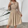 Spring Women Long Sleeve Solid Pleated High Waist Dress Autumn A Line Bow Collar Long Dresses S-XL