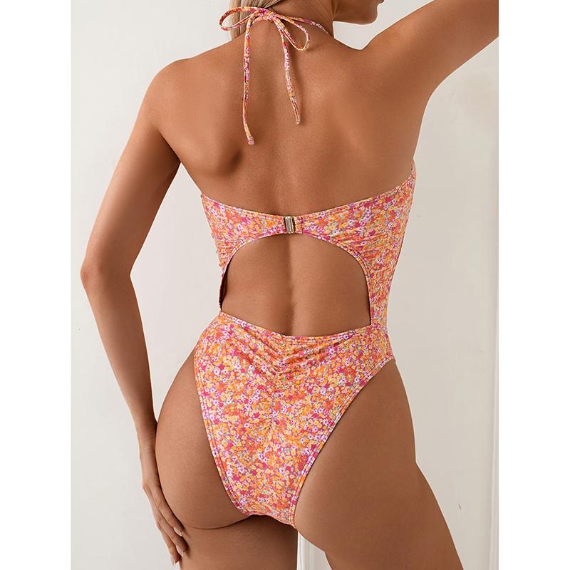 Sexy One-Piece Swimsuit Floral Halter Neck Beach Sand Design Baring Belly Cross-Border New Arrival Women's Swimwear