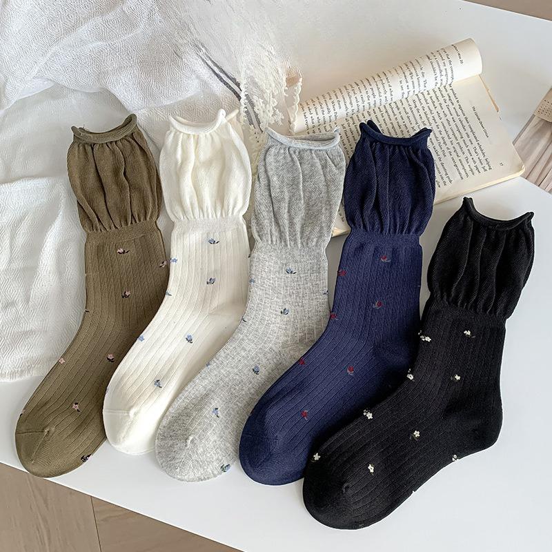 Autumn Bubble Mouth Pile Socks, Floral Loose Mouth Women's Mid-calf Socks and Long Socks