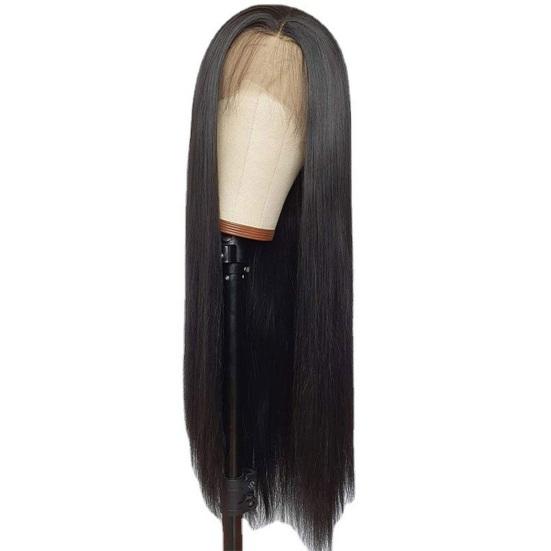 Perruque Lace Front Wig synthétique noire longue et lisse pour femmes, cheveux naturels en Fiber de haute température avec raie centrale, résistants à la chaleur, pour dames et filles
