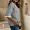 Women Short Sleeve Lace Tirm Shirts V Neck Button Shirts Loose Cotton Linen Tops