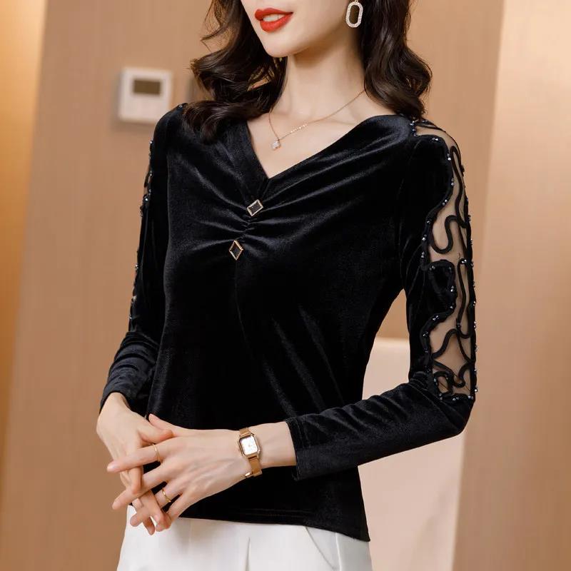 

Женская блузка Pleuche Top Женский осенне-весенний кружевной пуловер с v-образным вырезом и длинными рукавами L чёрный