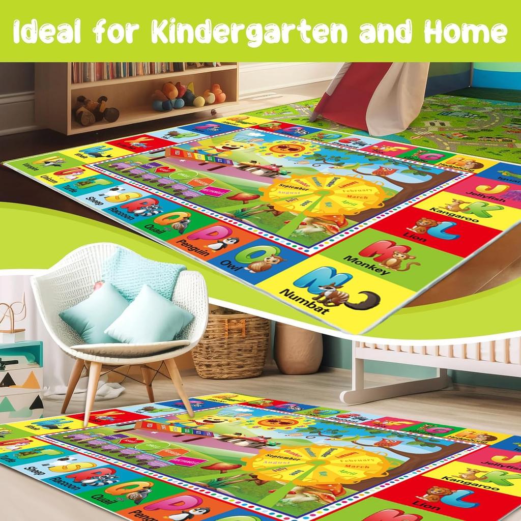 ABC Alphabet Play Rug for Kids, Educational Floor Mat with Numbers and Animals, Toddler and Preschool Learning Carpet