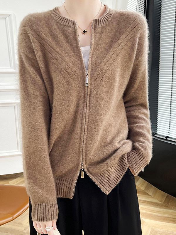 Cardigan lavorato a maglia con doppia zip slim fit stile retrò 2026 - Giacca maglione casual da donna girocollo