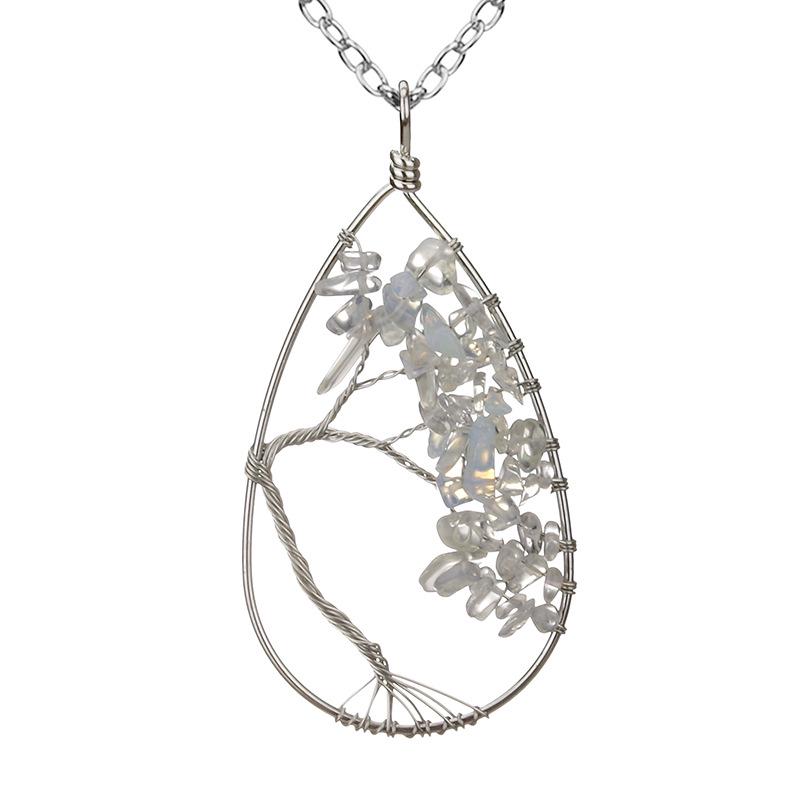 Handmade Silver Wrapped Copper Wire Crushed Stone Tree of Life Necklace, Water Drop Natural Stone Design, Bent Tree of Life Necklace N28.