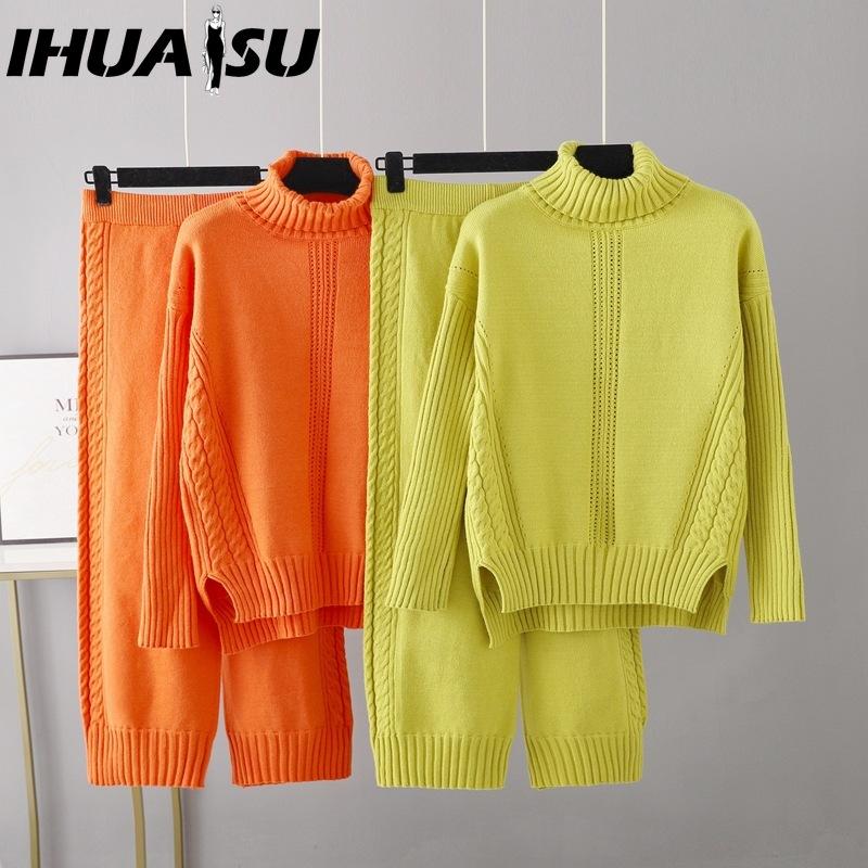 

IHUASU Пуловер с высоким воротом, утолщенный вязаный свитер, повседневный модный комплект для женщин на осень и зиму, свободный и непринужденный стиль, широкие брюки, комплект из двух частей One Size серый