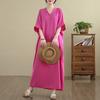 DIMANAF 2025 Women Plus Size Solid Summer Dress Short Sleeve Casual Basic New Dress Loose Long Dress