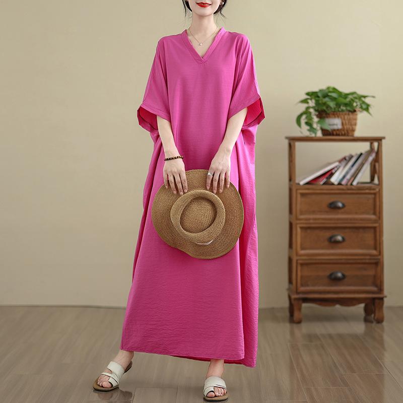 DIMANAF 2025 Women Plus Size Solid Summer Dress Short Sleeve Casual Basic New Dress Loose Long Dress