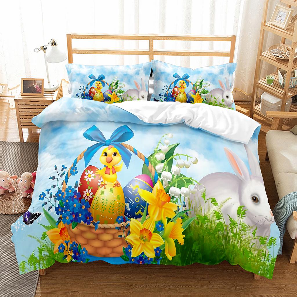 Cartoon Rabbit Duvet Cover Set Twin Queen Colorful Eggs Bedding Set Microfiber Floral Comforter Cover For Girls Boys Easter Gift
