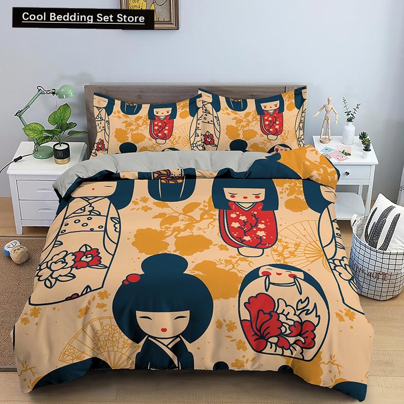 Bettbezug mit japanischer Puppe, bedruckt, King-Queen-Bett, Cartoon-Glückskatze, Bettwäscheset für Kinder und Mädchen, Fan, weiß, 2/3-teilig, Polyester-Bettbezug