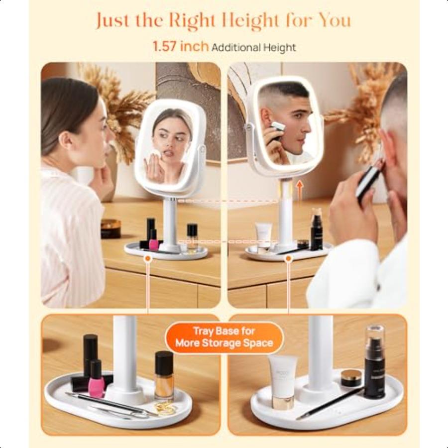 Lighted Makeup Mirror with Lights and Magnification 1X 10X Tray Base and Height Adjustable for Desk 4000mAh Rechargeable Batter