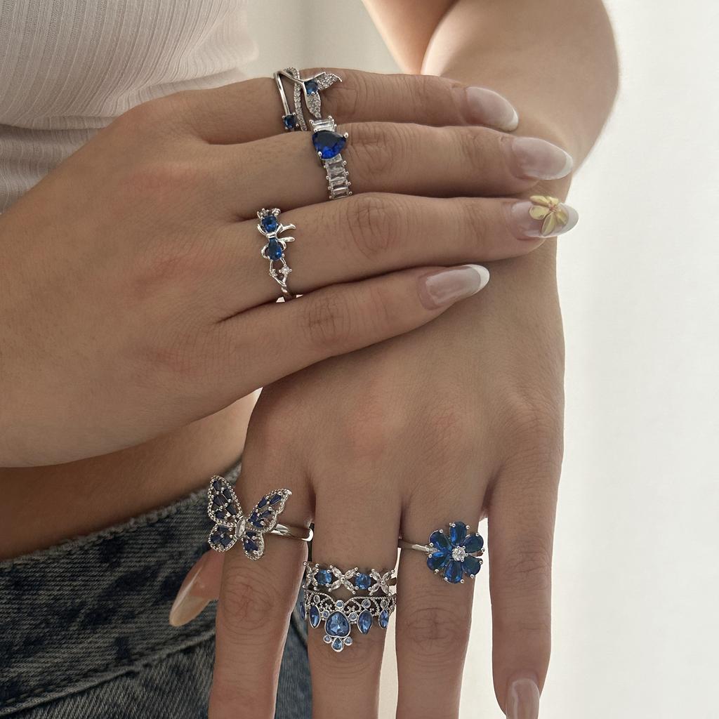 Luxury Blue Zirconia Hollow Butterfly Ring for Women Rhinestones Heart Flower Bow Crown Finger Ring Charms Engagement Jewelry