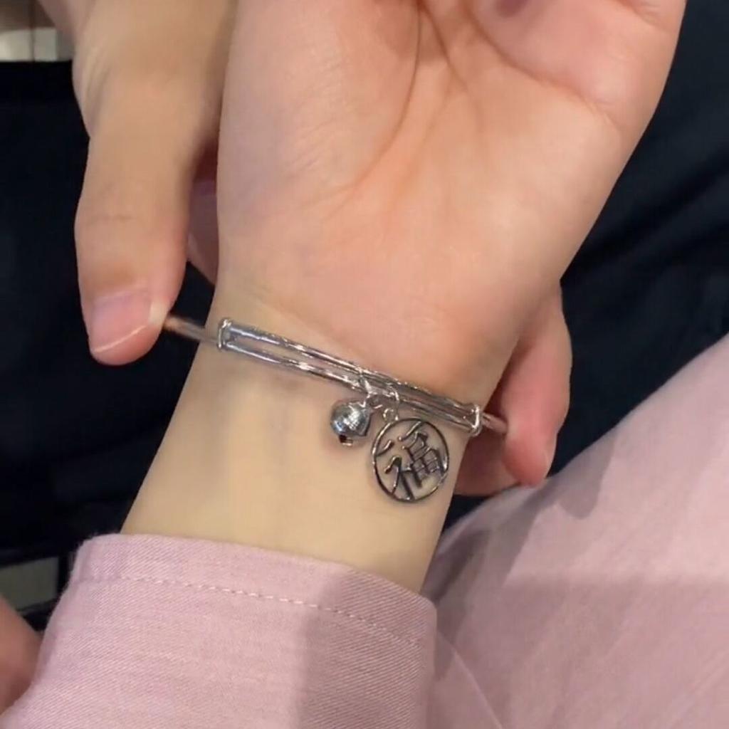 New Fortune and Wealth Character Pendant Bell Bracelet One Step One Ring Ding Dong Bracelet Titanium Steel Women's Ins Non-Fading Jewelry