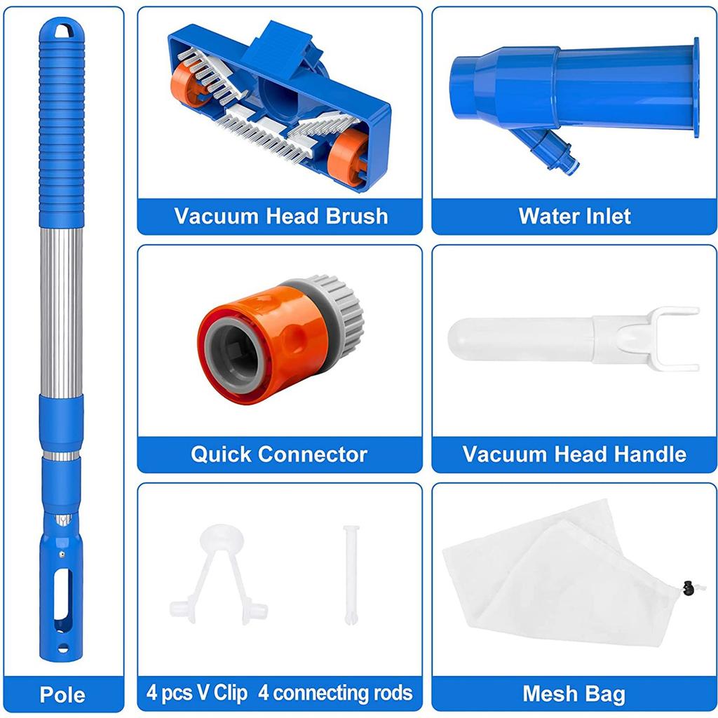 Pool Vacuum Jet Cleaner Kit with Telescopic Pole, Brush Head, and Leaf Bag for Above Ground Pools and Spas