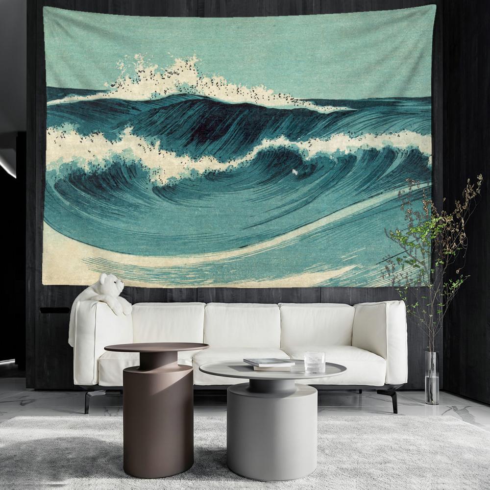 Blue Oil Painting Wave Tapestry Wall Hanging Art Bohemian Style Hippie Tapiz Aesthetic Room Bedroom Decor