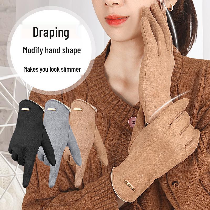 Women's Winter Suede Touchscreen Gloves - Warm Velvet, Cold-Proof, Korean Style for Cycling & Driving