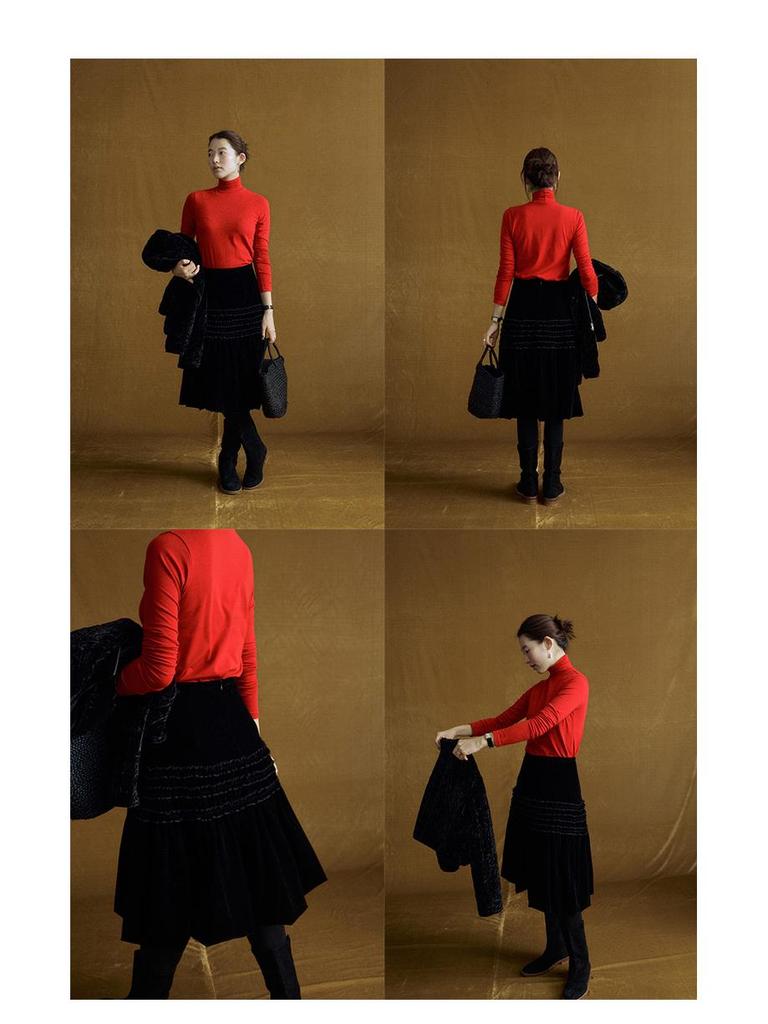 Winter Slimming Velvet Pleated Lace Skirt - Textured Design