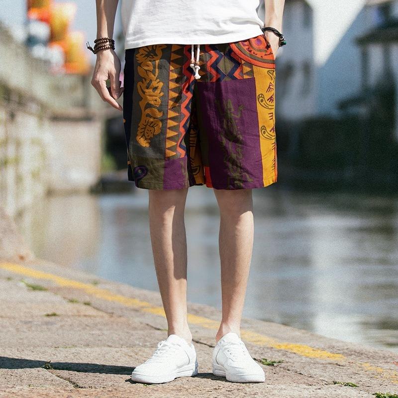 Summer Ethnic Style Linen Shorts Men's Plus Size Plus Size Five-point Beach Pants Loose Floral Pants Trendy Men
