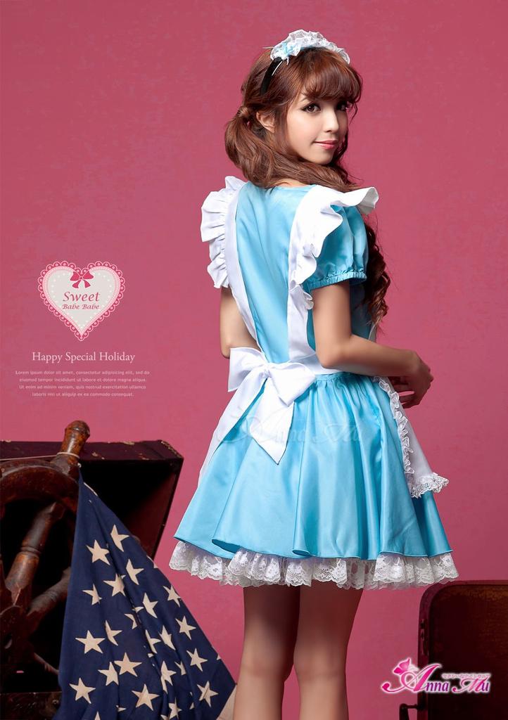 [Anna Mu] Alice In Wonderland Maid Costume Apron Dress Uniform One-Piece Dress with Frills Women's Halloween Light Blue M Z686-1