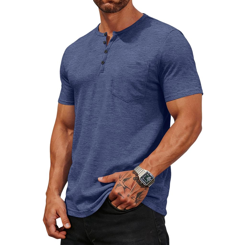 Men's Casual Slim Fit Short Sleeve T-Shirt with Buttoned Crew Neck and Chest Pocket Classic Summer Lightweight Top