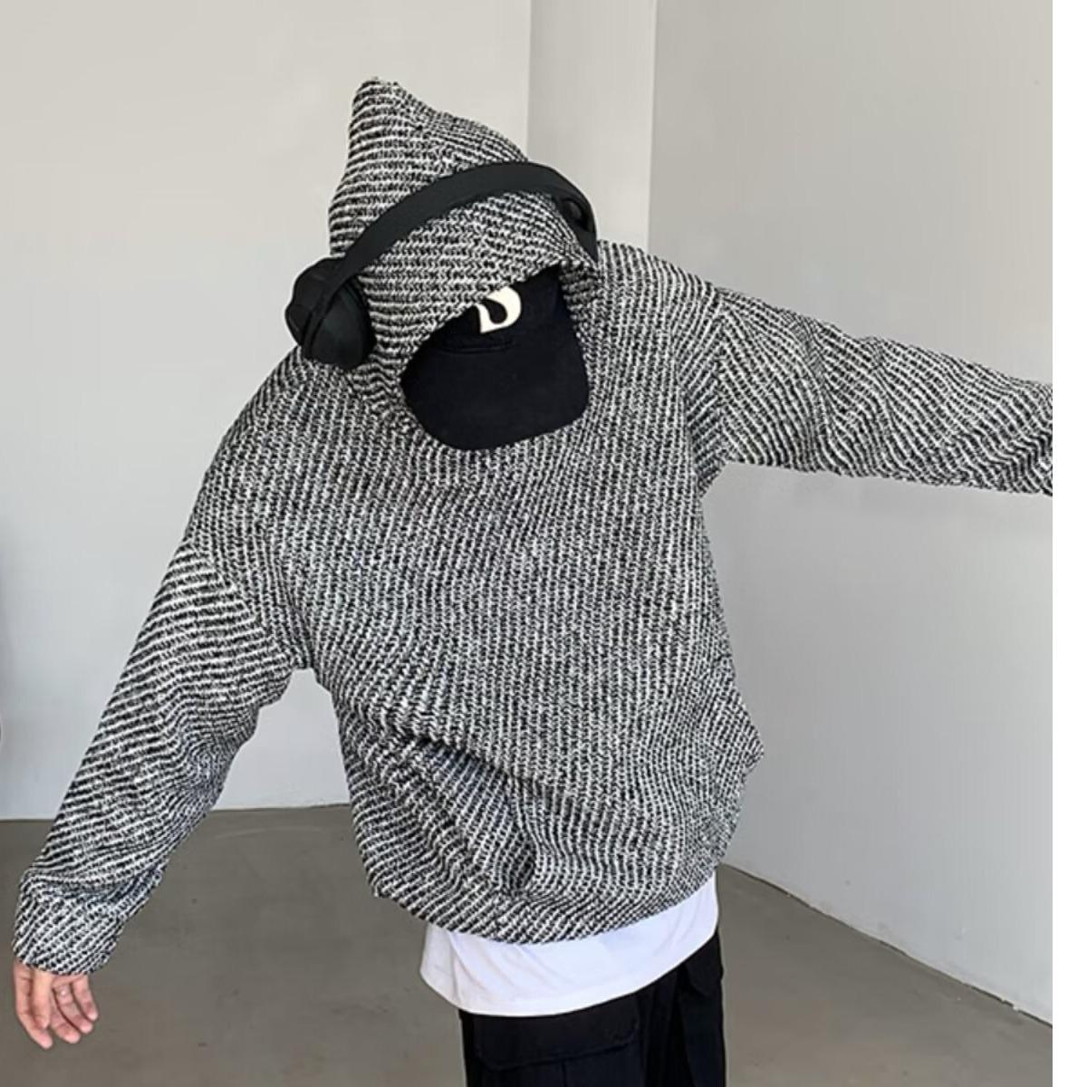 Мужской осенний модный свободный вязаный худи в полоску XXXL серый