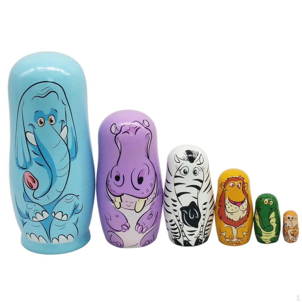 6Pcs Russian Nesting DollsMatryoshka Doll for Kids , Wooden Cute Cartoon Animal Pattern