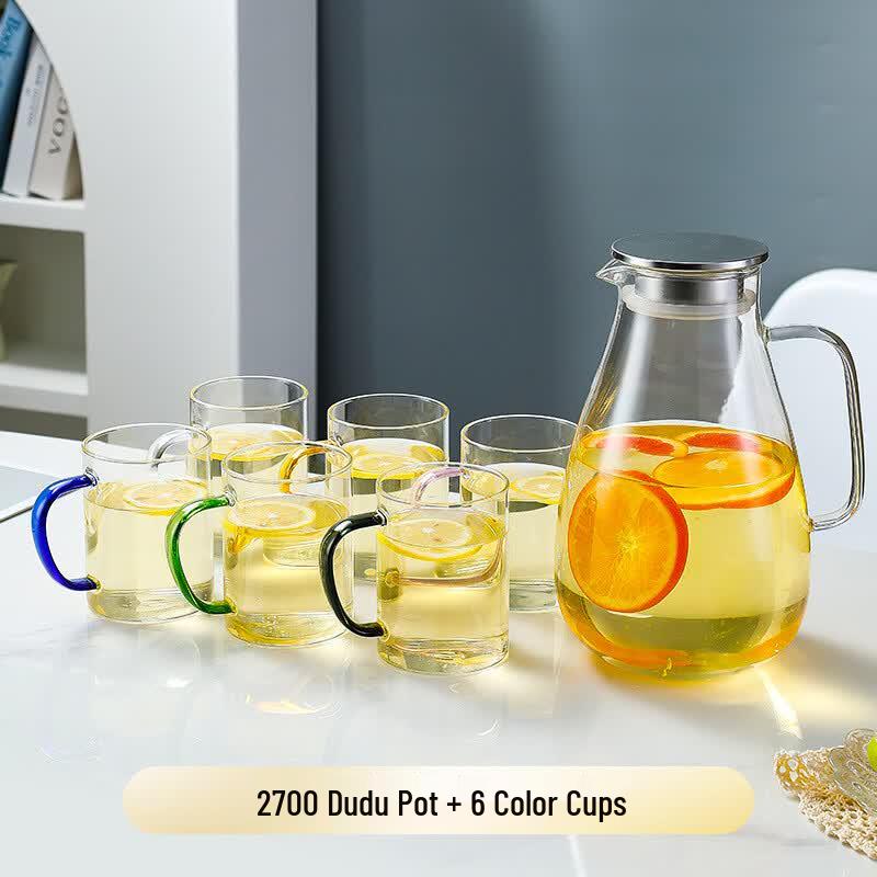 Chaxun High Borosilicate Glass Cold Brew Tea Pitcher with 6 Colored Cups