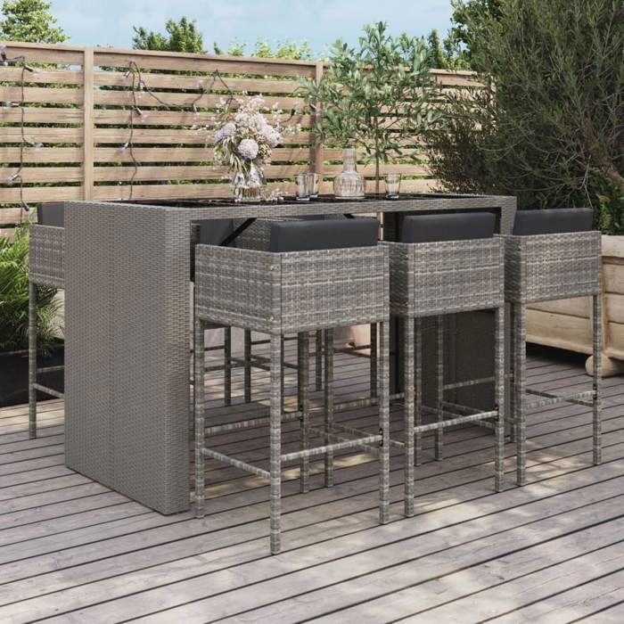 VidaXL Ensemble de bar de jardin 7 pcs avec coussins gris poly rotin, ensemble de table de bar, table et chaise de bar, 3200665
