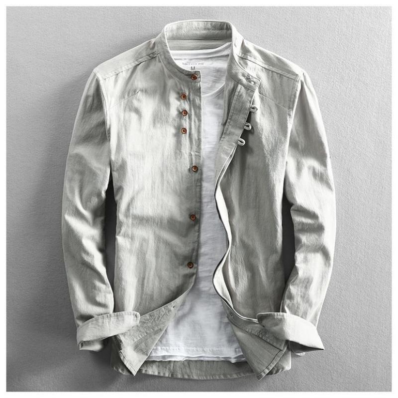 

Men s Solid Color Button Cardigan Shirt Casual Retro Stand Collar Slim Long Sleeve Fashion Top L сірий колір