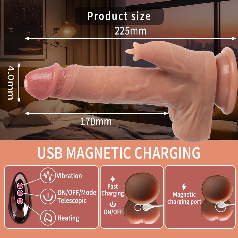 4-in-1 Simulated Testicles + Tongue + Penis 360° Rotation 10 Vibration Modes Remote Control Auto-Heating  Realistic Electric Dildo