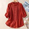 Camicia da donna in cotone con colletto a punta, manica corta, ricamo floreale, bottoni