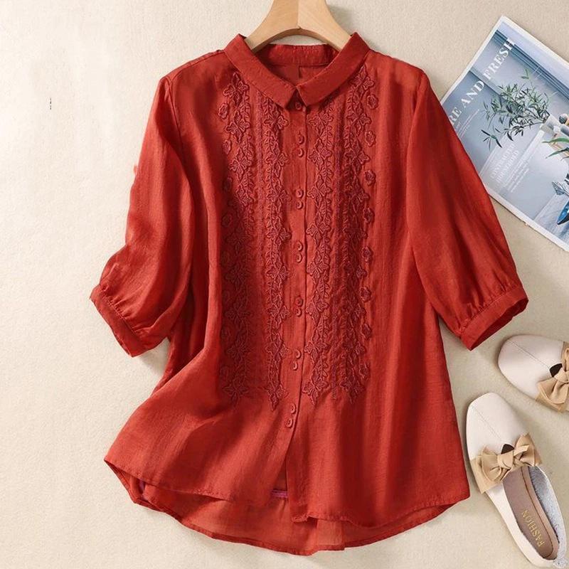 Camicia da donna in cotone con colletto a punta, manica corta, ricamo floreale, bottoni