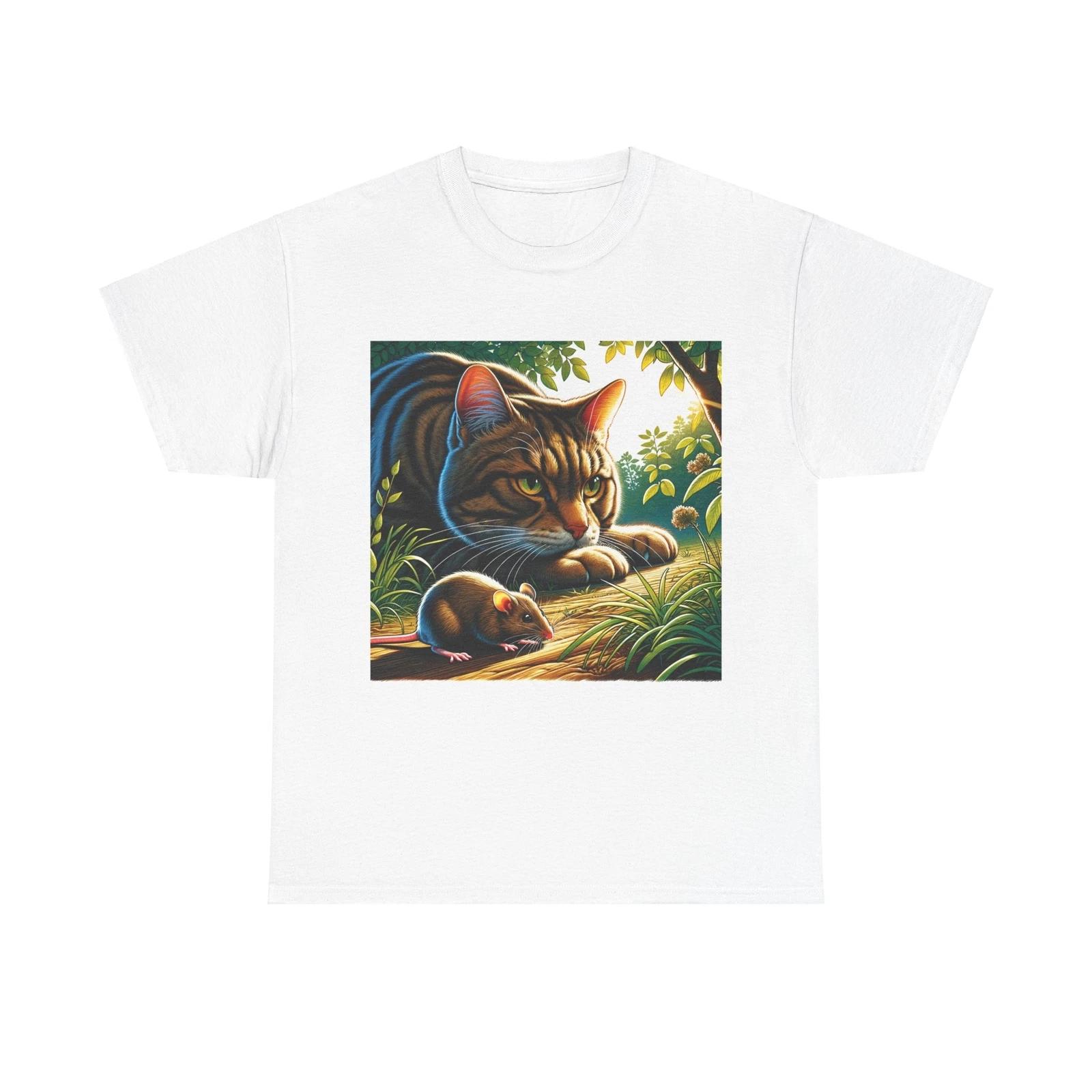 Unisex Adult T Shirt Cat Hunting Mouse Outdoor Illustration S