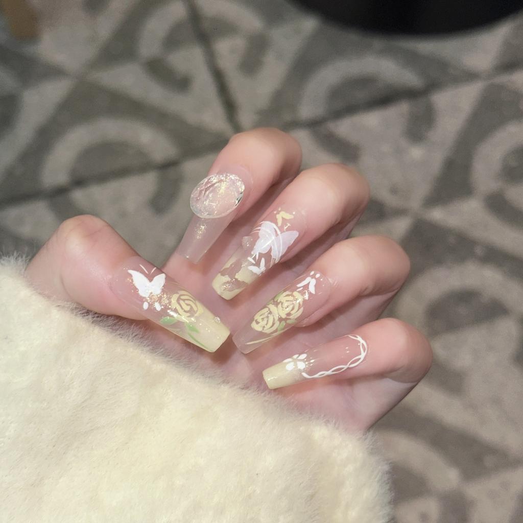 Wearing Armor Handmade High-end Atmosphere Hand-painted Rose Manor Butterfly Manicure Hollow French Light Luxury Nail Stickers