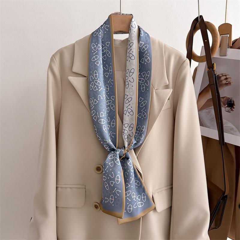 New temperament double-layer scarf streamer strap bag decoration suit scarf small long headband silk scarf women's printing narrow