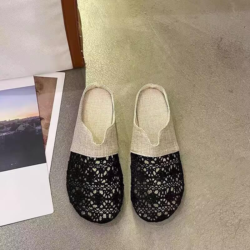 

Дышащая и универсальная обувь 2025 летние тапочки женские с открытым носком полусетчатые ленивые туфли новые сандалии на плоской подошве уличные трендовые 40 чёрный