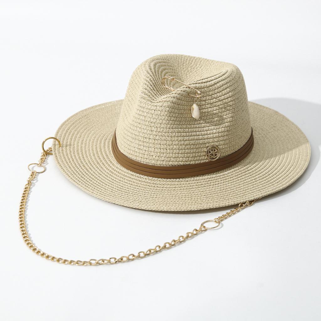 Designer Chain Wide Brim Straw Hat for Women, Spring Summer Sun Protection Fedora Beach Hat with Pin